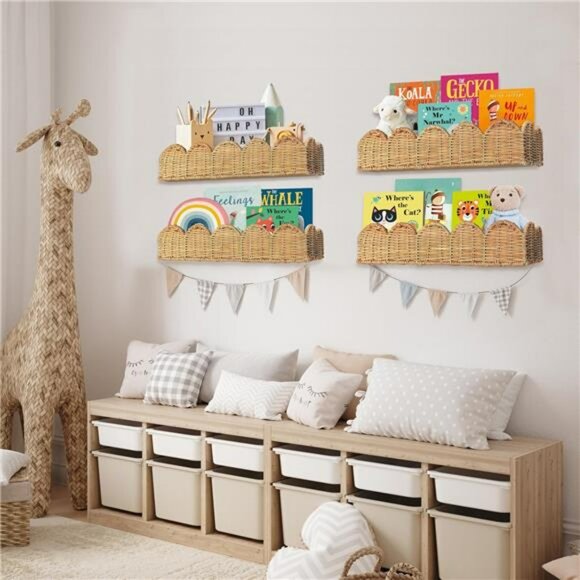 Set of 2 rattan nursery wall shelves wicker floating bookshelf kids room decor - Picture 4 of 7